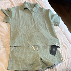 Green Textured Polo and Shorts Set